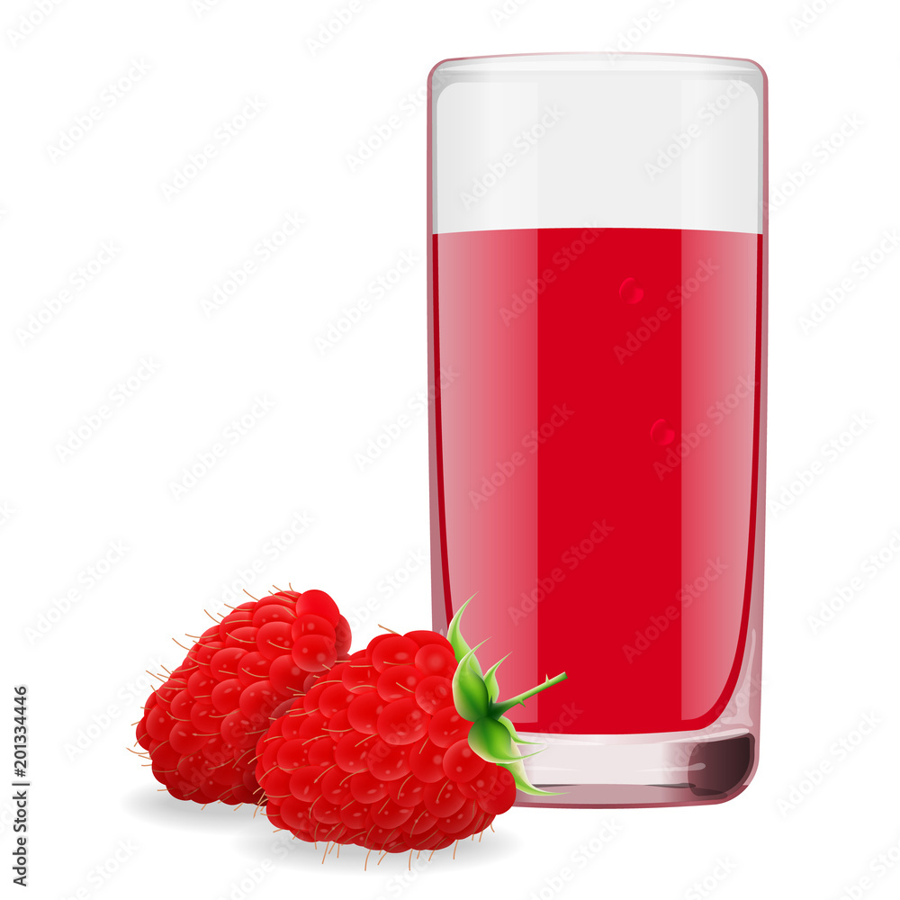 glass of refreshing delicious juice from ripe raspberry. Realistic style. Vector illustration.