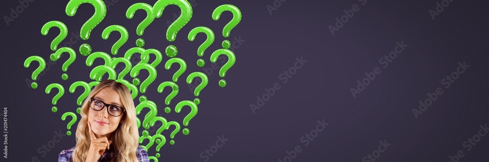 Woman thinking with green question marks