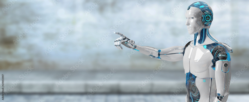 White male cyborg pointing his finger 3D rendering