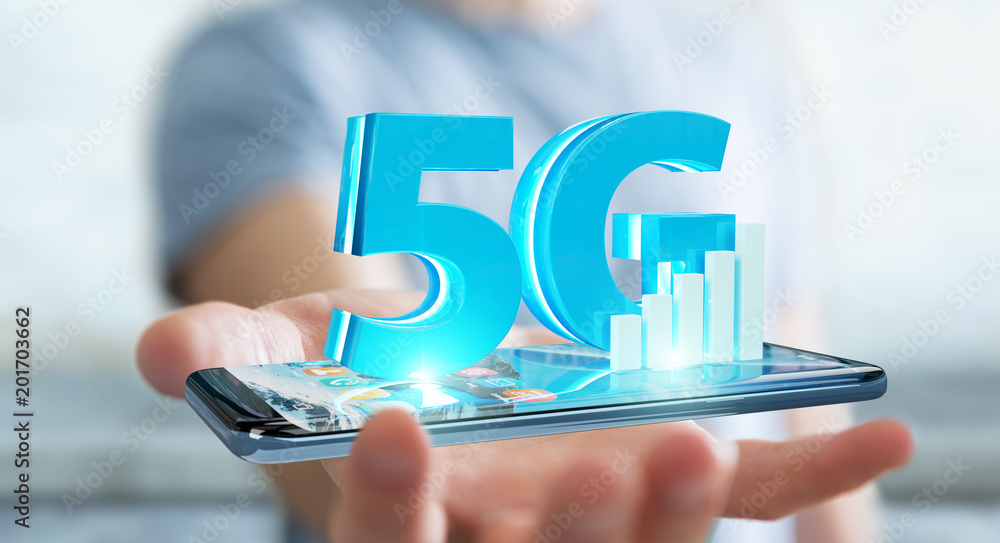 Businessman using 5G network with mobile phone 3D rendering