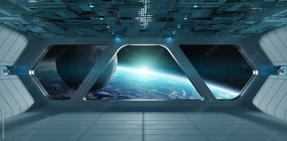 Spaceship futuristic grey blue interior with view on planet Earth