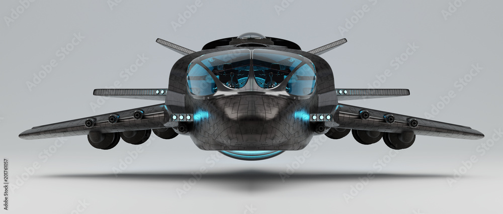 Futuristic spacecraft isolated on grey background 3D rendering