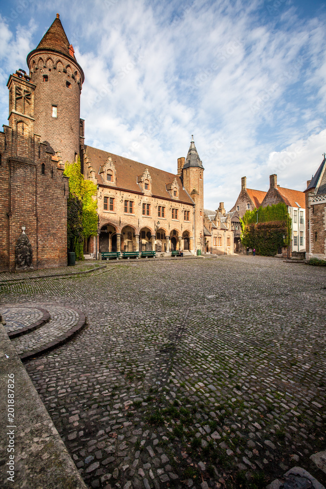 Brugge medieval historic city. Brugge streets and historic center, canals and buildings. Brugge popu