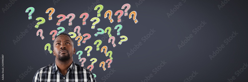 Man with colorful funky question marks emerging from head