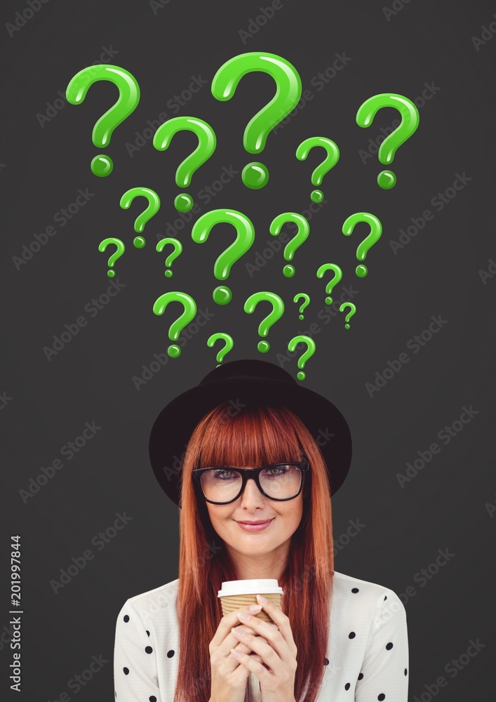 Woman thinking on phone with green shiny question marks