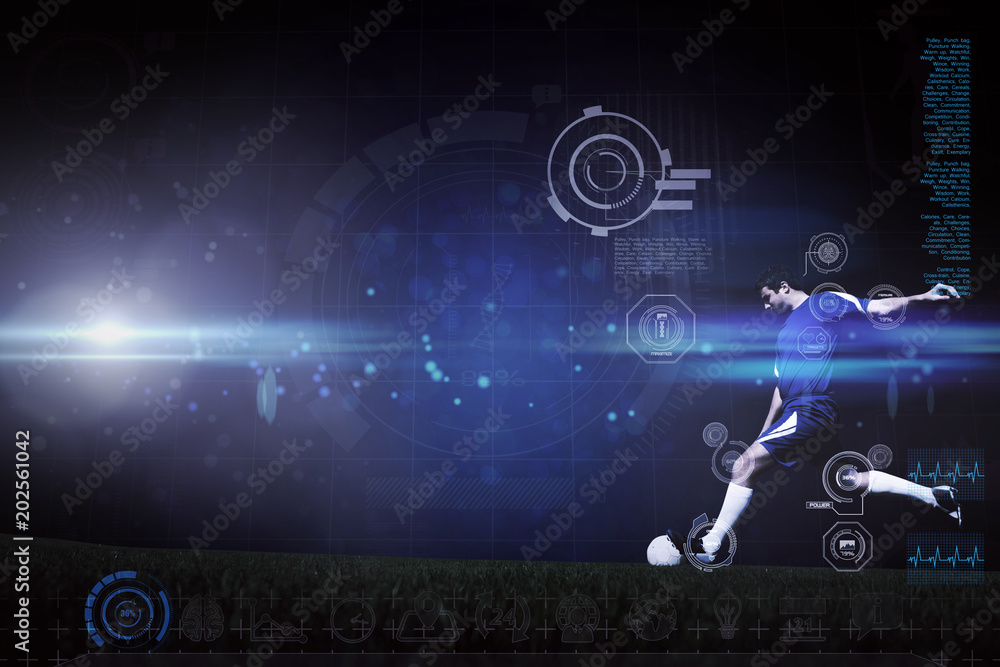 Football player kicking ball against blue dots on black background