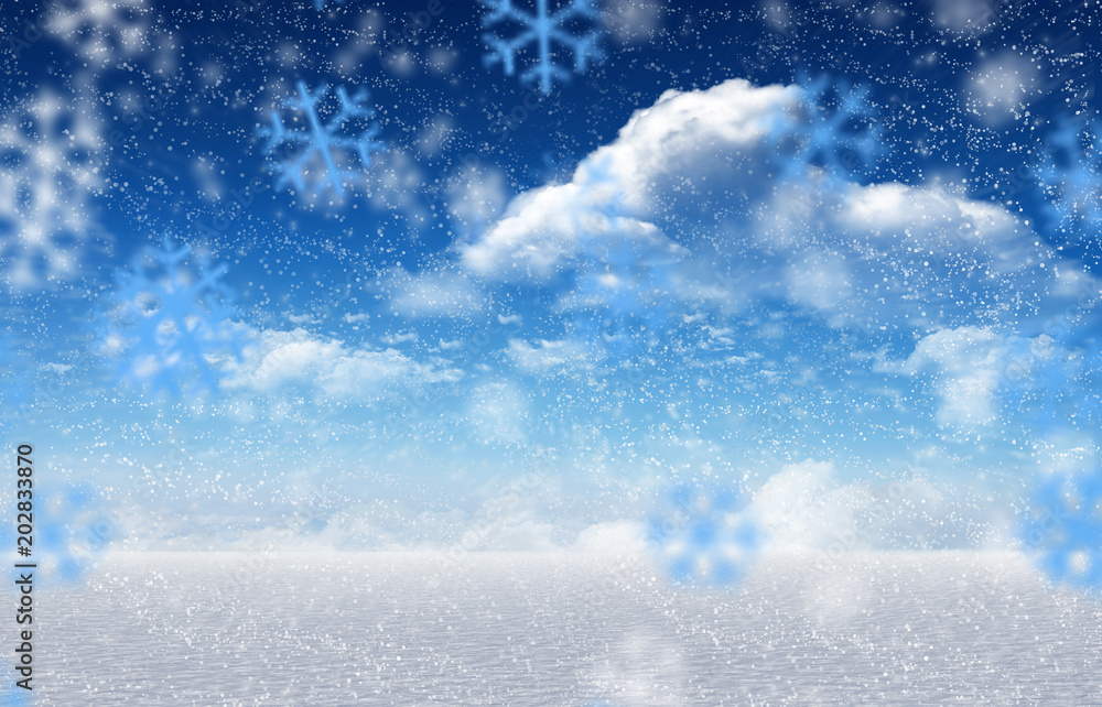 Composite image of snowy landscape with snow falling