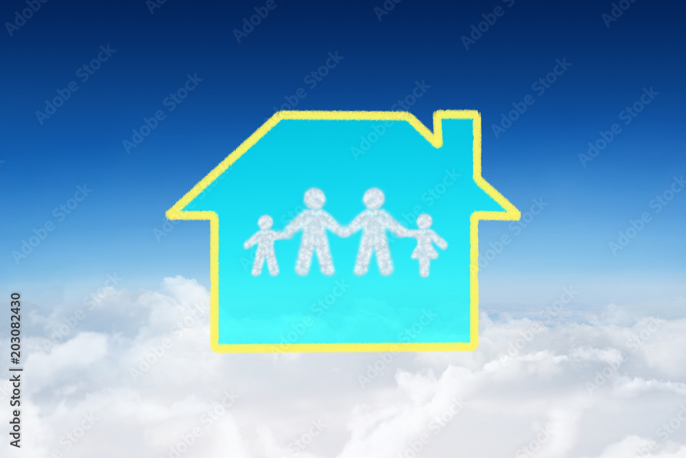 Cloud in shape of family against blue sky over clouds