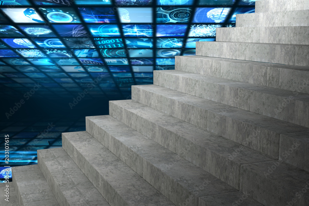 Grey steps against walls of digital screens in blue