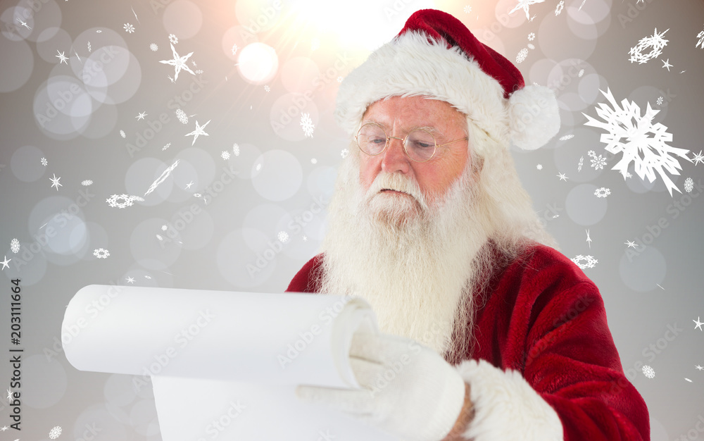 Santa claus checking his list against grey design with snowflakes