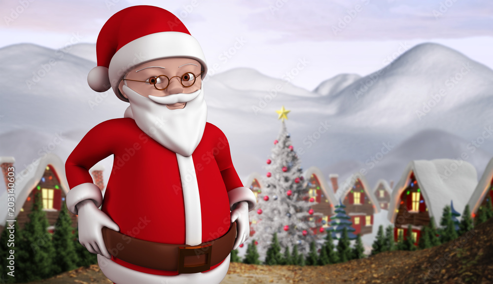 Cute cartoon santa claus against cute village in the snow