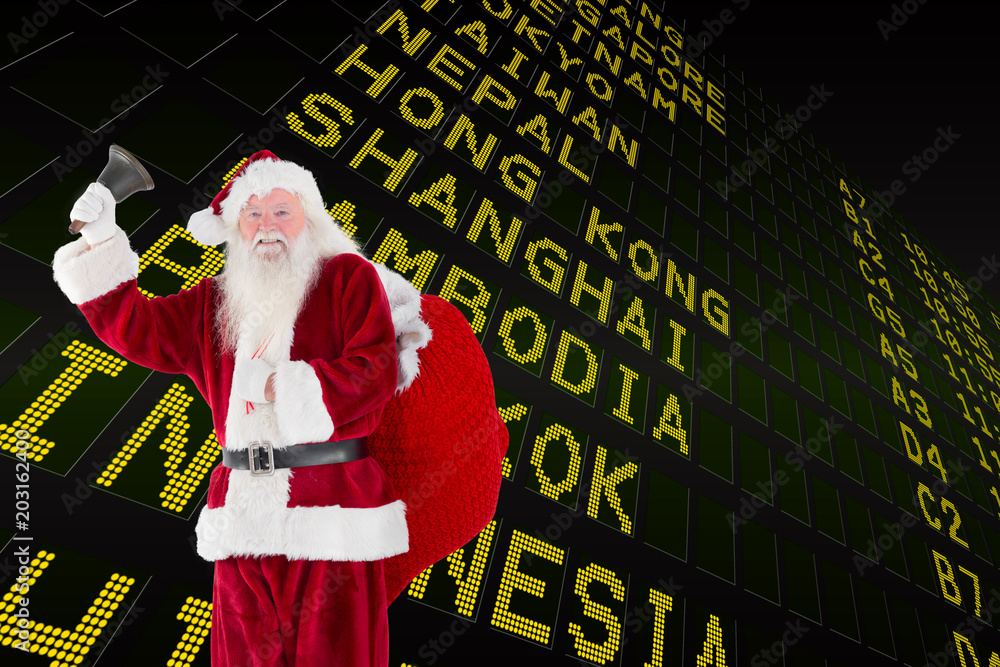 Santa claus ringing bell against black airport departures board for asia