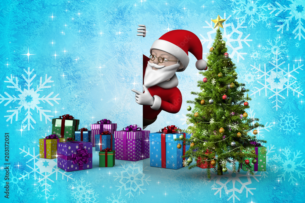 Cute cartoon santa claus against christmas tree with gifts