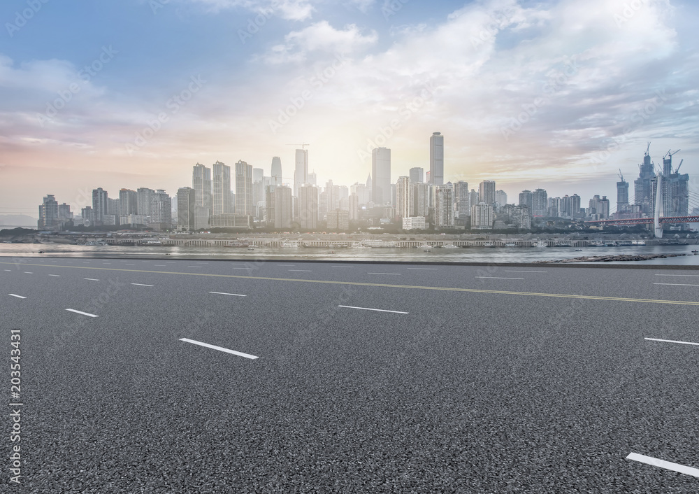 Urban square road and skyline of architectural landscape