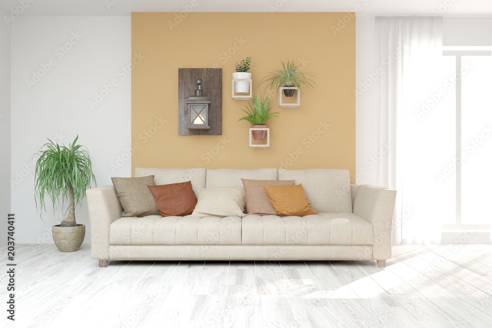 Idea of white minimalist room with sofa. Scandinavian interior design. 3D illustration