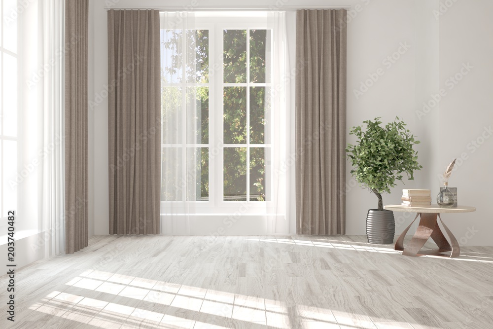 White empty room with table and summer landscape in window. Scandinavian interior design. 3D illustr