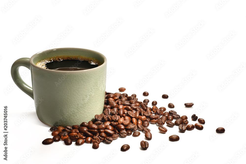 Cup of coffee and coffee beans isolated on white background