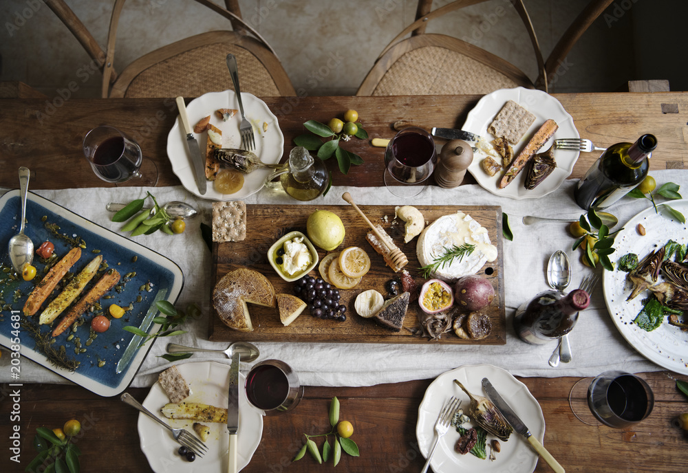 Rustic style dinner with cheese platter