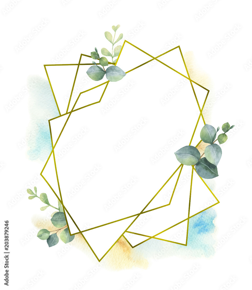 Watercolor vector composition from the branches of eucalyptus and gold geometric frame.