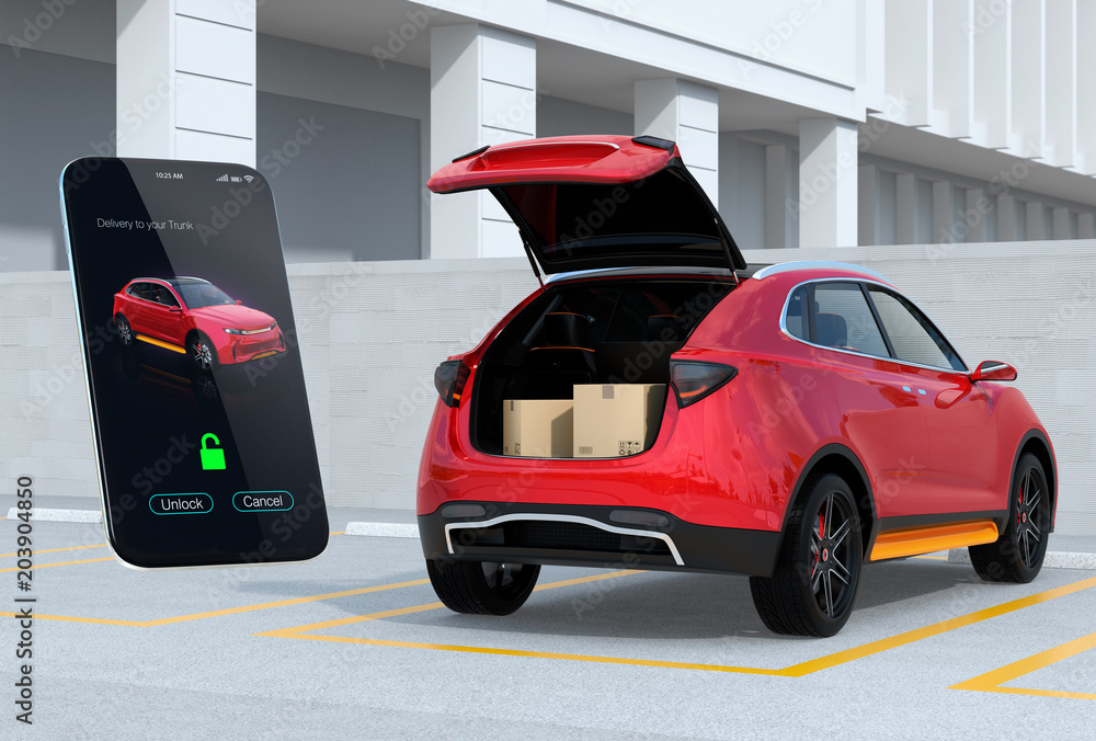 Red SUV in parking lot with opened trunk, cardboard boxes inside. Smartphone app for unlock the car 