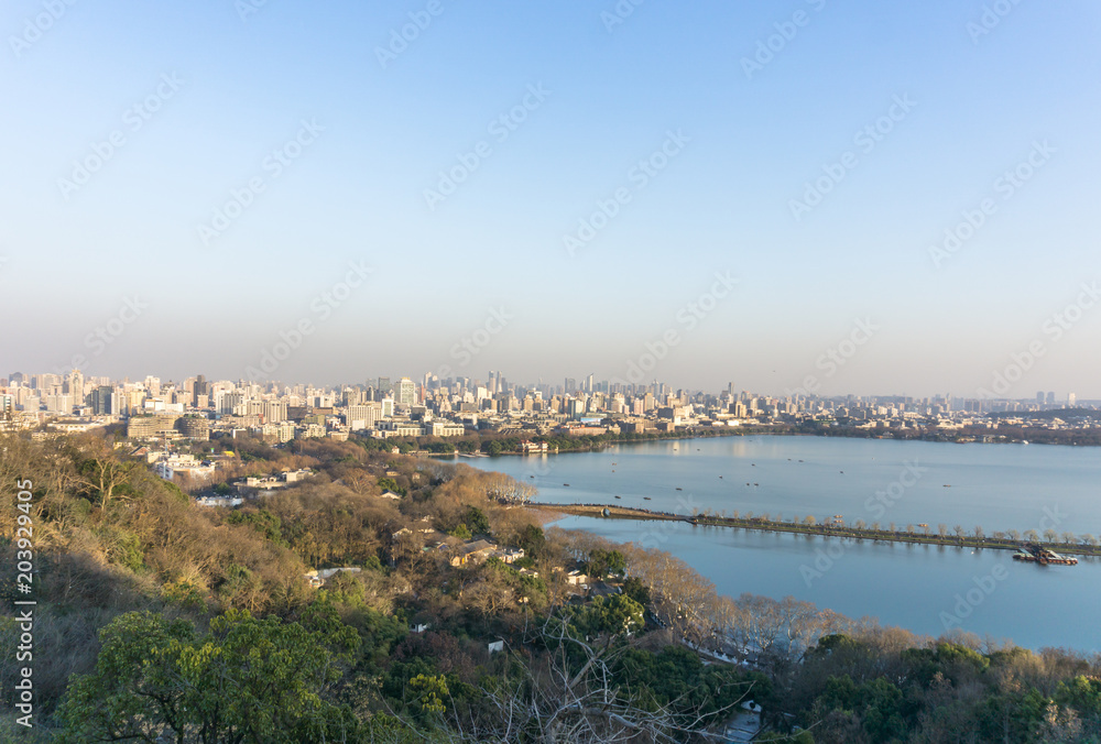 杭州西湖全景城市天际线