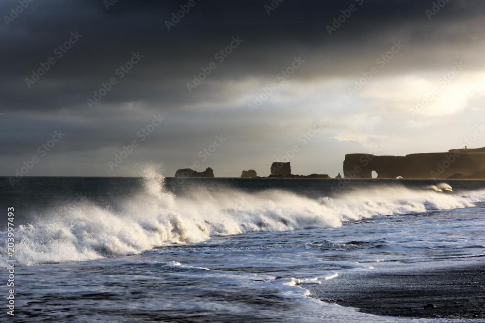 Large waves on black beach. Vik, Iceland