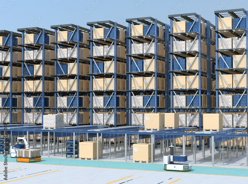 Modern Automated Logistics Centers interior. AGV and autonomous forklift carrying goods. Concept fo