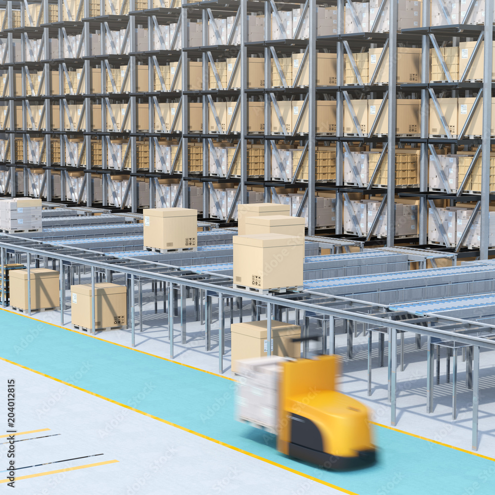 Modern Automated Logistics Centers interior. AGV and autonomous forklift carrying goods. Concept fo