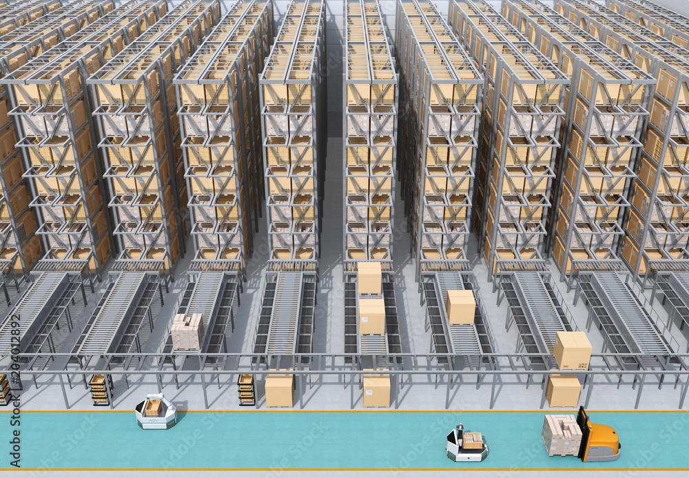 Front view of modern Automated Logistics Centers interior. AGV and autonomous forklift carrying goo