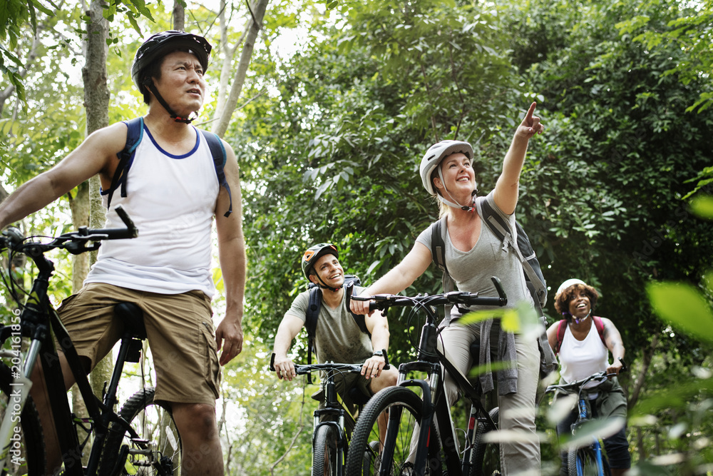 Group of friends out bicycling together