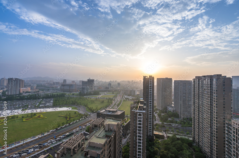 中国杭州城市天际线全景