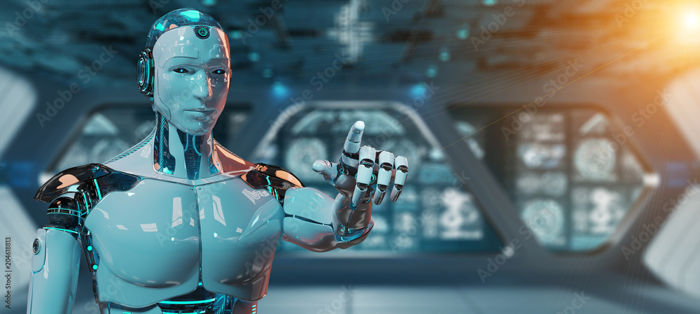 White male cyborg pointing his finger 3D rendering