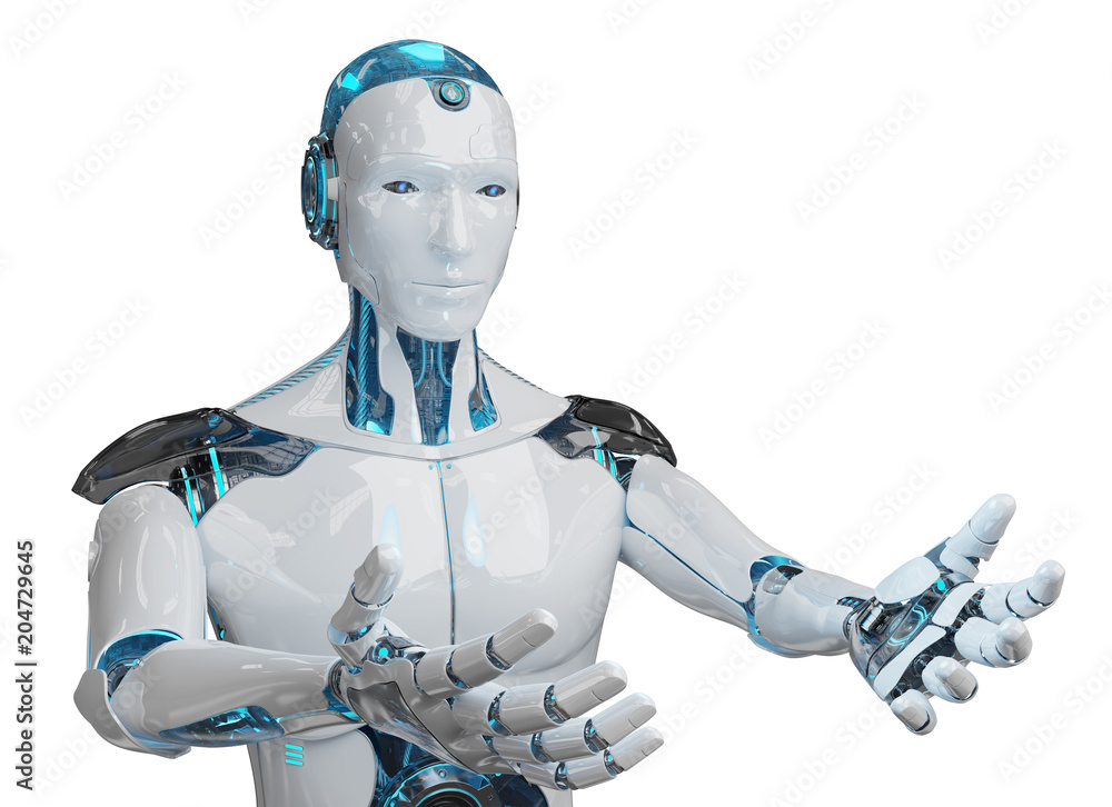 White male cyborg opening his two hands isolated on white background 3D rendering