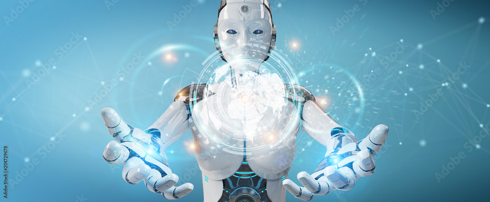 White woman cyborg using digital datas interface 3D rendering