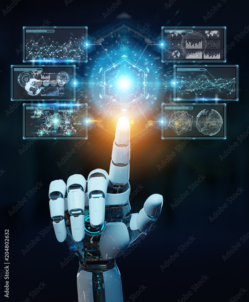 White cyborg hand using digital datas interface 3D rendering