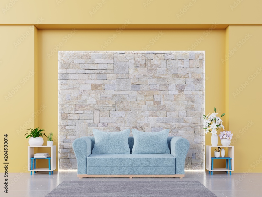 Modern living room interior with blue sofa and green plants,lamp,table on Yellow wall background. 3d