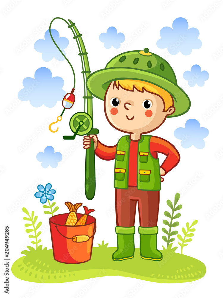 Young boy was going fishing. The child is standing with a fishing rod. Vector illustration in cartoo