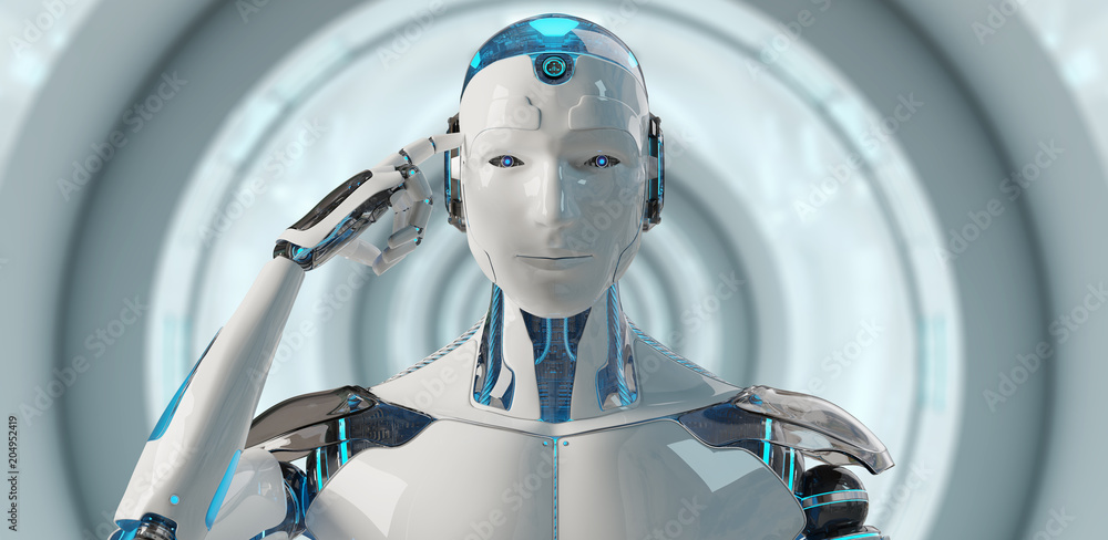 White male cyborg thinking and touching his head 3D rendering