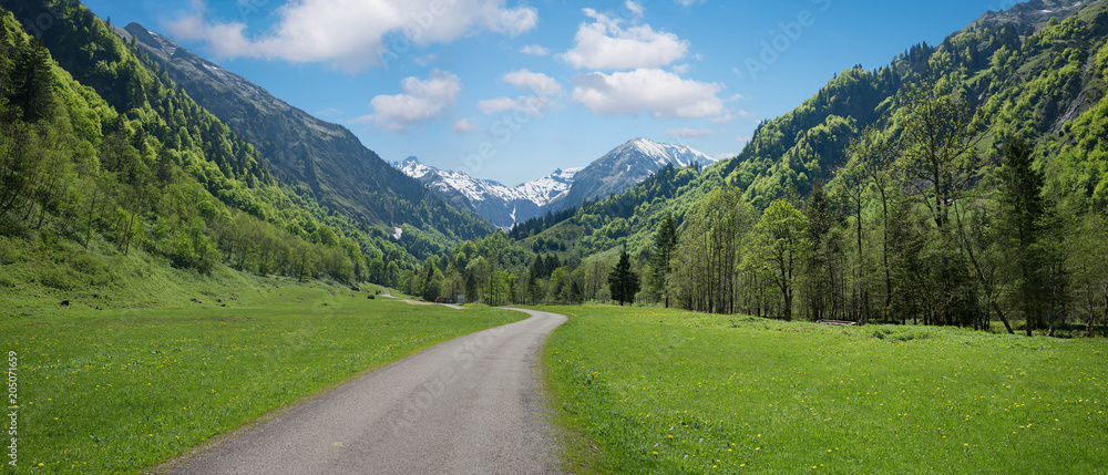 Idyllischer Wanderweg durchs Trettachtal bei Oberstdorf, im Frühling