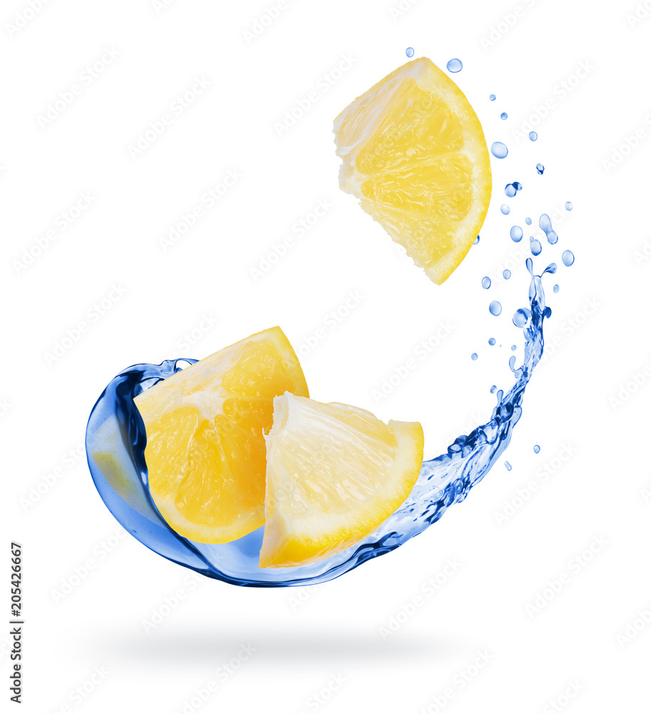 Sliced pieces of lemon with splashes of fresh water close-up on white background