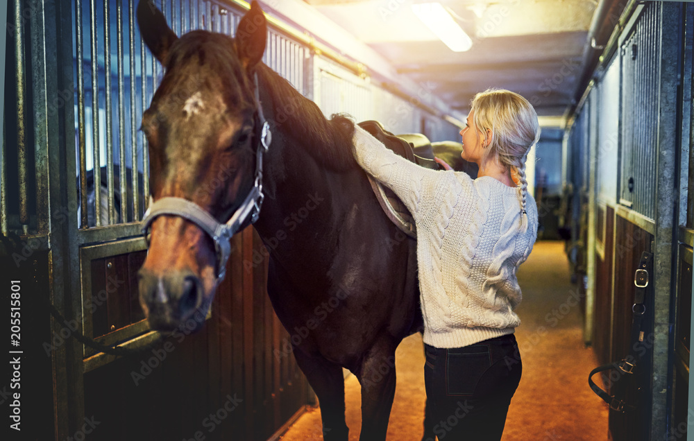 Young woman adjusting her horses saddle before a ride