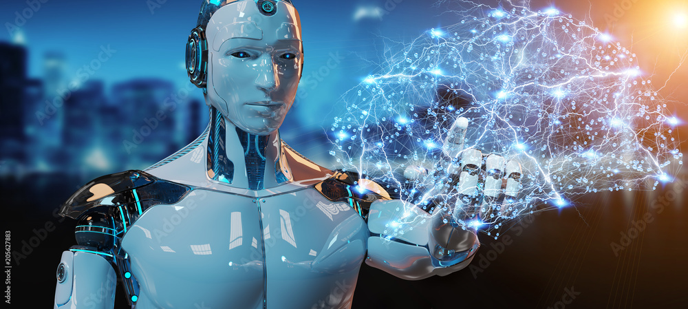 White man humanoid creating artificial intelligence 3D rendering