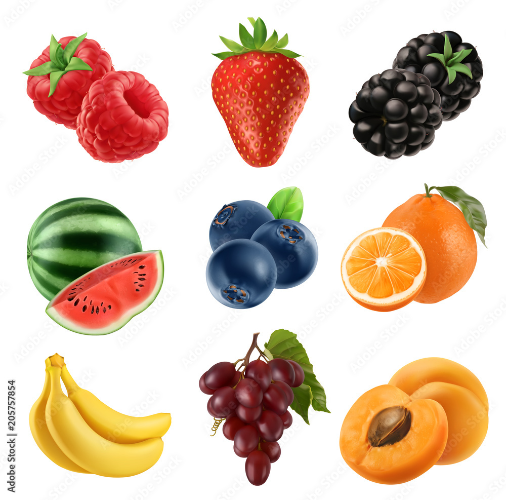 Fresh fruit. 3d vector icons set. Realistic illustration