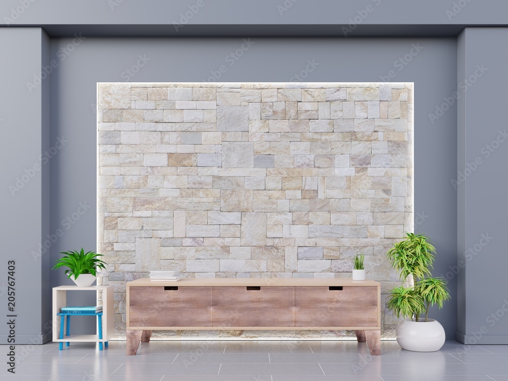 Modern interior room with brick wall mockup and tv shelf in empty room, 3d rendering