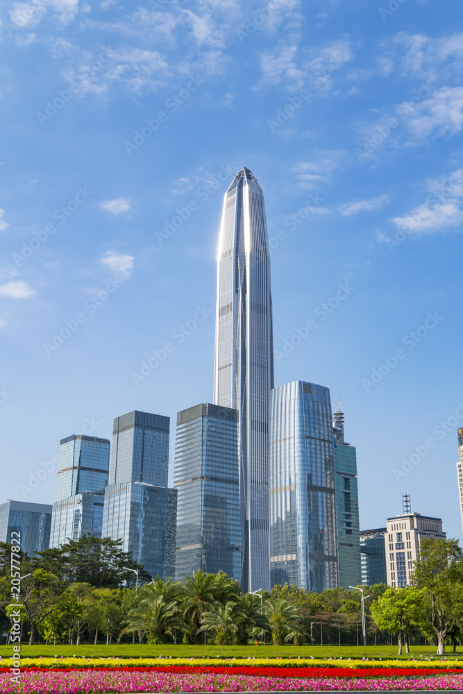 The modern buildings of the city skyscrapers.