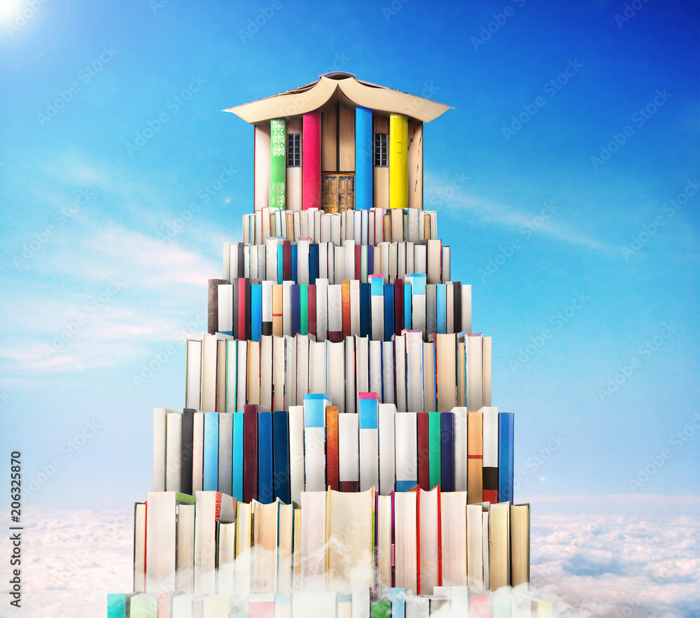 Сoncept of education. Stack of books in the form of a ladder with library compiled from the books on