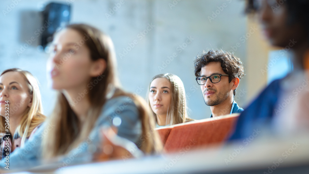 Attentive Hispanic Student Listening to a Lecture Among His Fellow Students in thу Classroom on Back