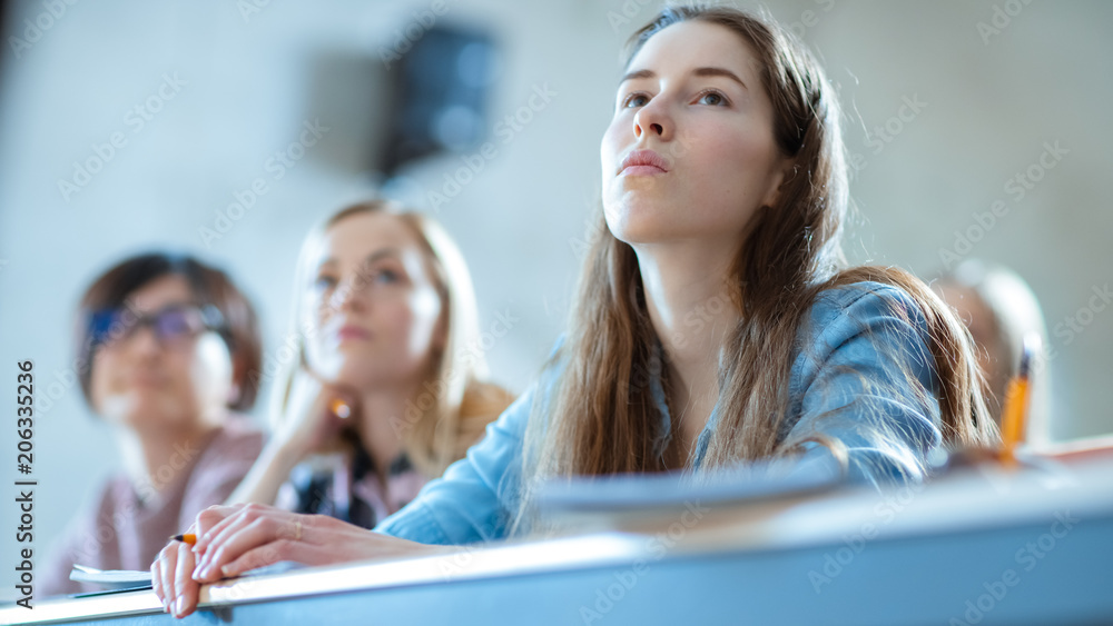 美丽的年轻女孩在教室里听讲座。多元化的多民族学生群体