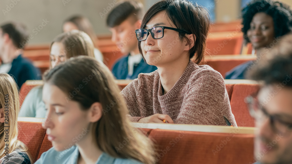 一大群多民族学生在课堂上听讲座。光明青年街