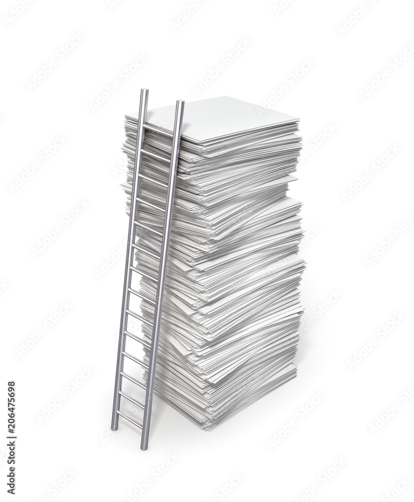 Employment concept . Ladder to the stack of blank paper. 3d illustration